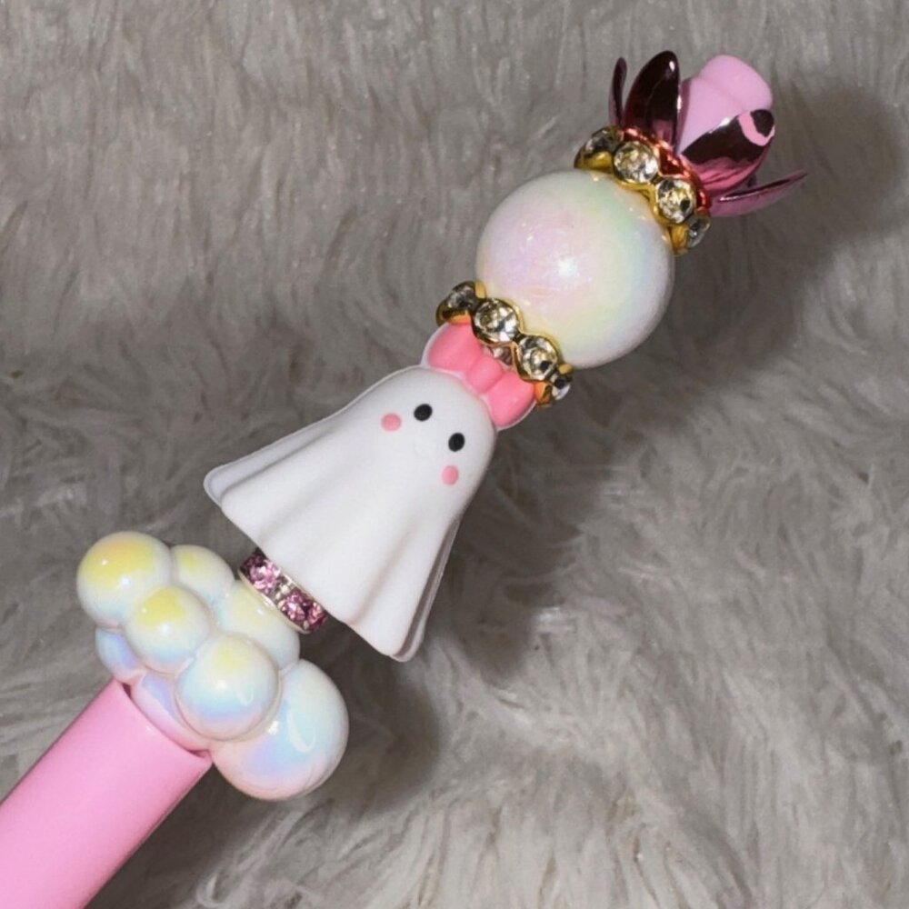 Beaded Pink & White Girly Ghost Cloud Gold Sparkle Pen + 1 Replacement Ink.